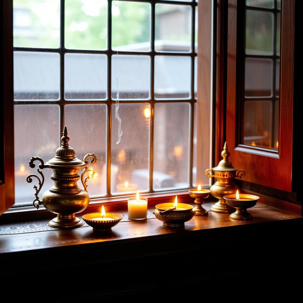 Brass pooja vessels on window sill