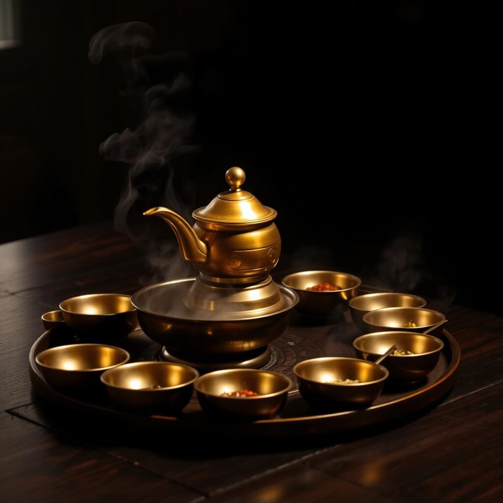 Brass tea set and bowls