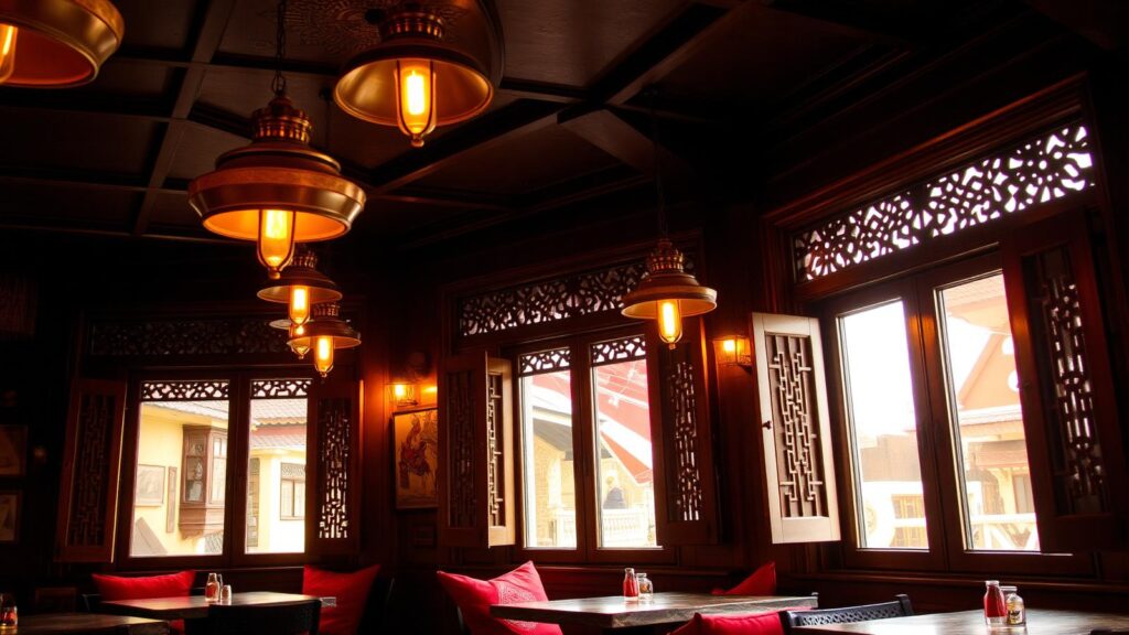 Restaurant interior with lanterns